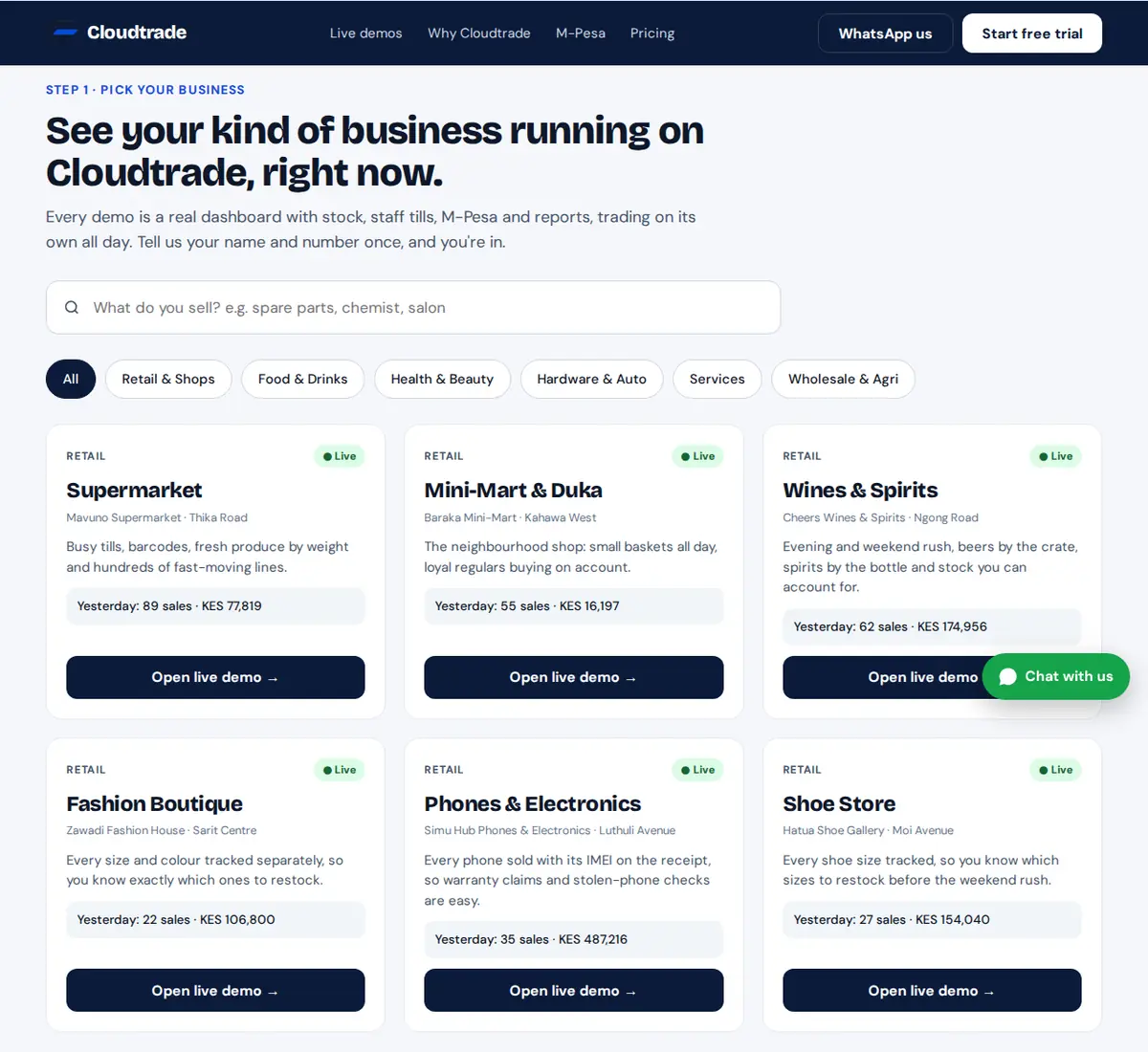 27 Kenyan Businesses Cloudtrade POS Runs Comfortably (Try Each One Live) 2 Cloudtrade POS live demo: pick from 27 Kenyan business types