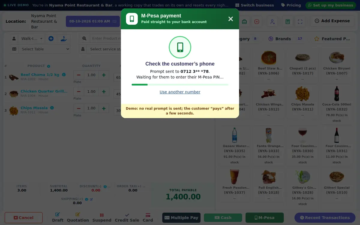 27 Kenyan Businesses Cloudtrade POS Runs Comfortably (Try Each One Live) 3 Cloudtrade POS sending an M-Pesa payment prompt to the customer's phone at the till